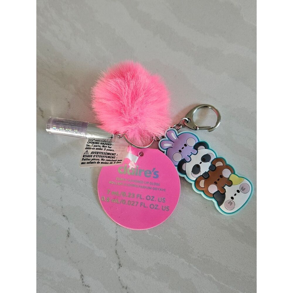 Claire's Pink Fuzzy Pom Keychain with Cute Character Charm and Lip Gloss